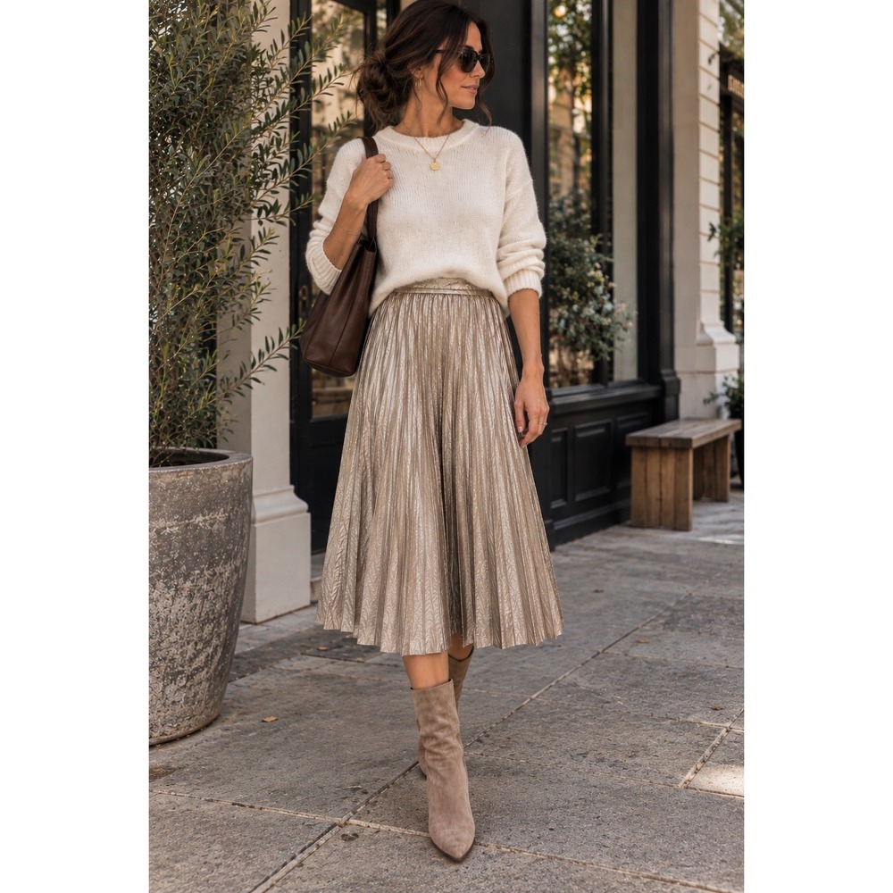 Maeve Metallic Pleated Midi Skirt Champagne Taupe S